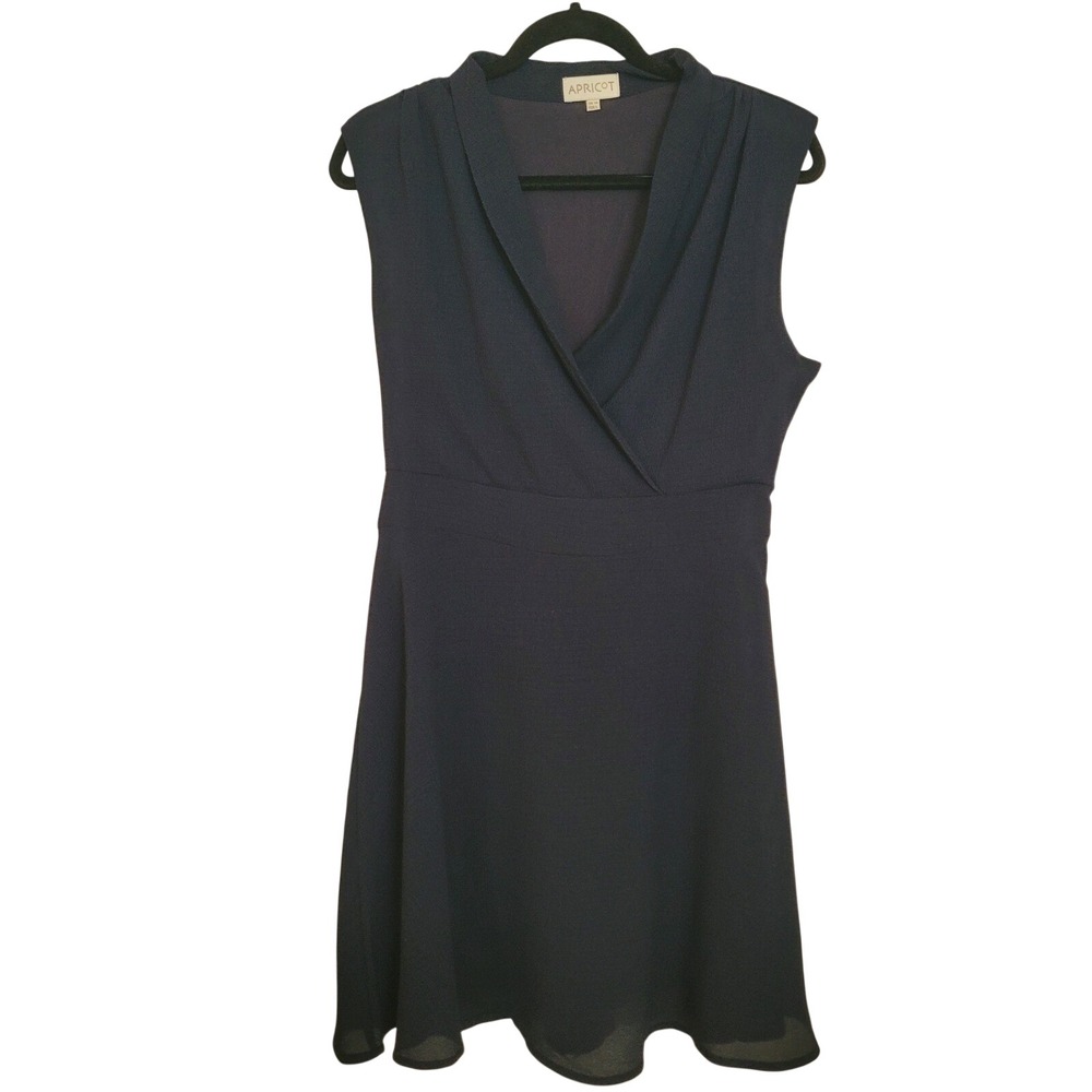 Apricot Navy Blue Textured Surplice Skater Dress Sleeveless V-Neck Size L UK 14